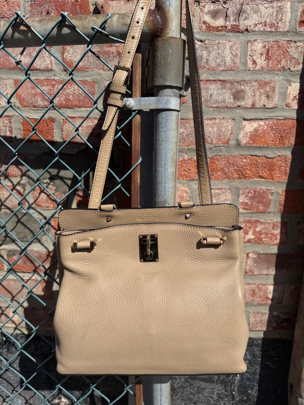 Valentino  Garavani Tan Pebbled Leather Shoulder Bag with Gold Hardware